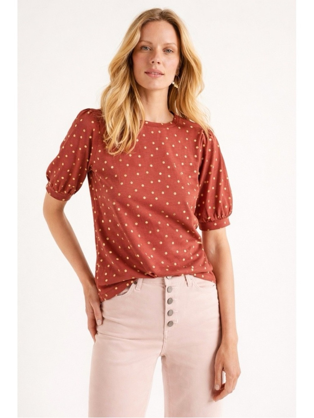 Boden rust polka‎ dot gold short sleeve cotton top